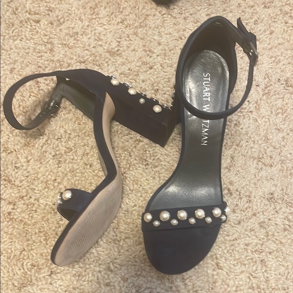 Stuart Weitzman Navy Heeled Sandals with Pearl Embellishments - Picture 1 of 6
